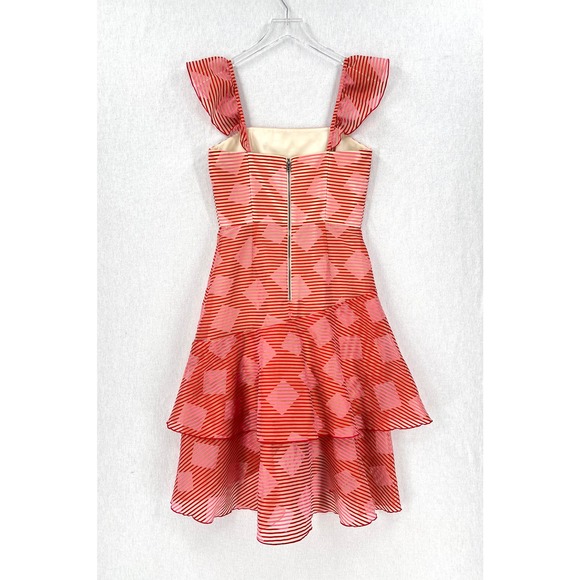 ALICE + OLIVIA Angelita Dress Women 4 Red Pink Sheer Stripe Ruffle Layered Party - Picture 9 of 16